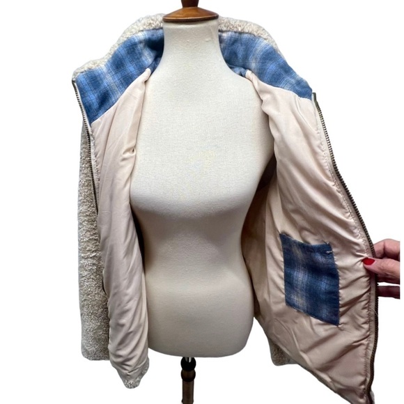 Pendleton Cream Sherpa Flannel Trim Full Zipper Teddy Coat Women’s Large - Picture 12 of 16